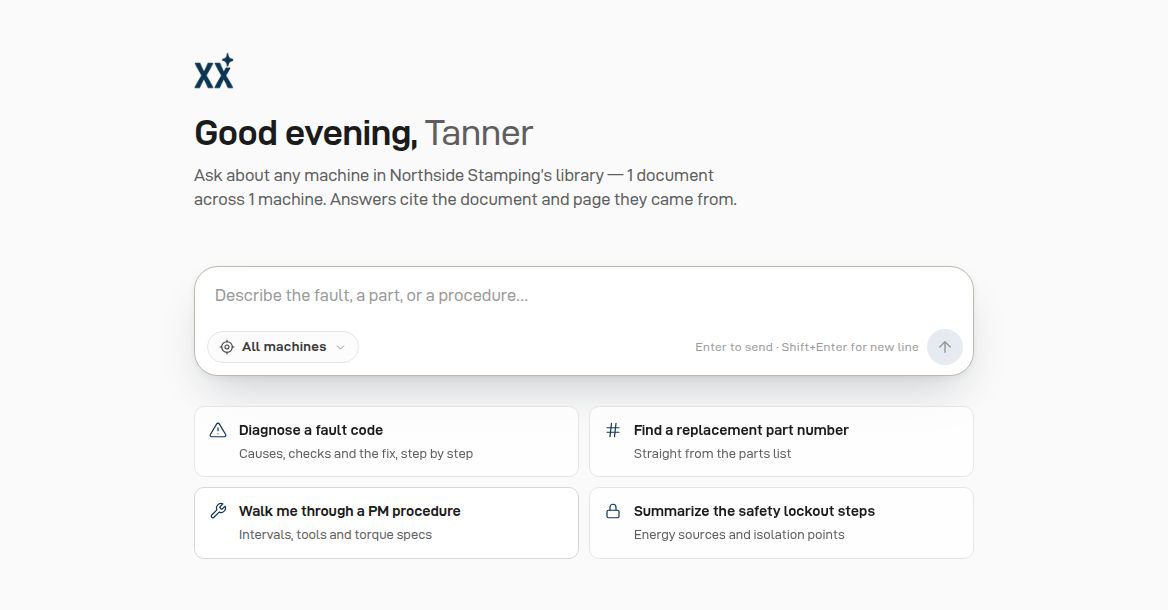 Fixxit chat start screen with a question box, an All machines focus selector, and suggestions: diagnose a fault code, find a replacement part number, walk me through a PM procedure, summarize the safety lockout steps.