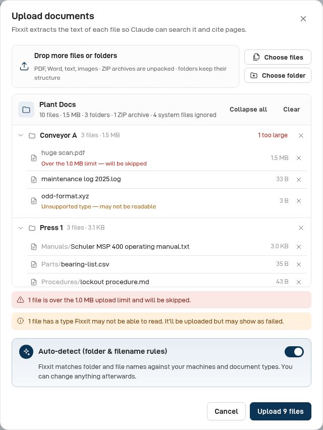 Fixxit upload dialog listing a folder called Plant Docs with sub-folders for Conveyor A and Press 1, file sizes, warnings for an oversized file and an unknown file type, and an auto-detect toggle.